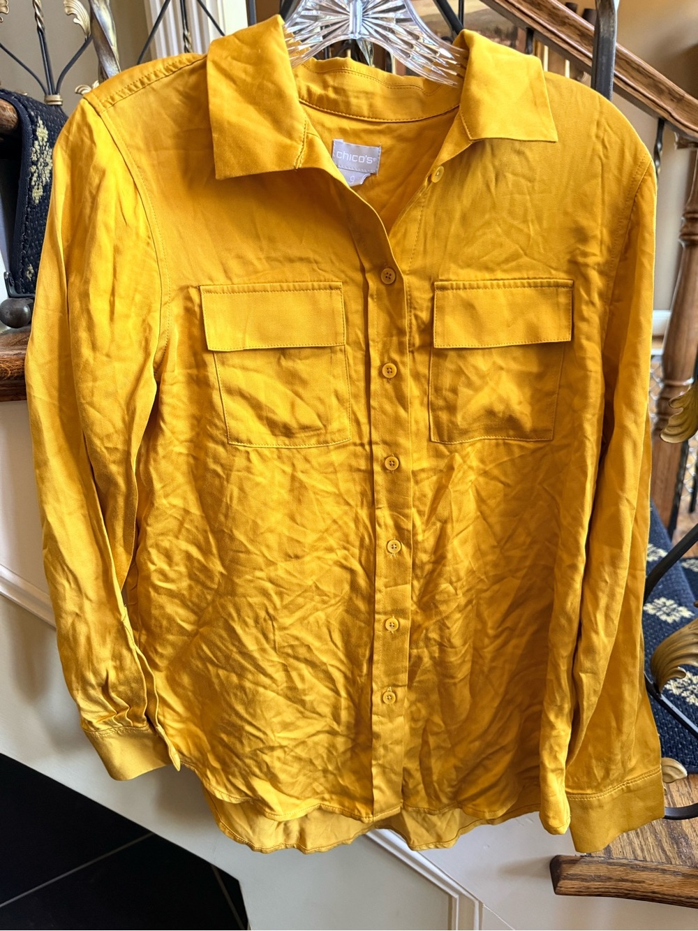 Chico’s 100% Modal Mustard Yellow Button Front w pockets. Size 0 long sleeves